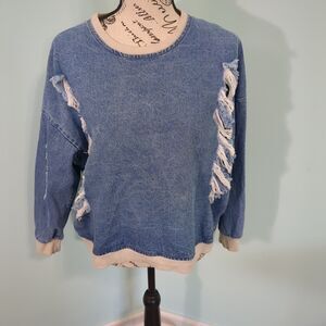 Distressed denim sweatshirt navie small eagle logo motorcycle small